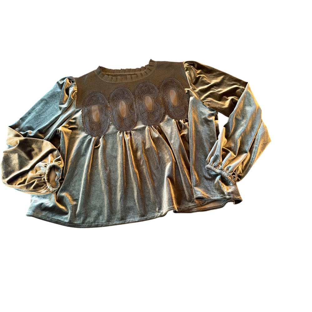 Olive Green Velvet Mesh Lace Long Sleeve HHYC-1798 Crew Neck Top